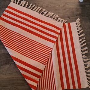 TRINA TURK orange cream striped cotton throw rug mat fringed edge cottagecore